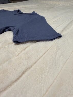 Blue Knit Top - Ribbed Short Sleeve Fitted Mock Tee